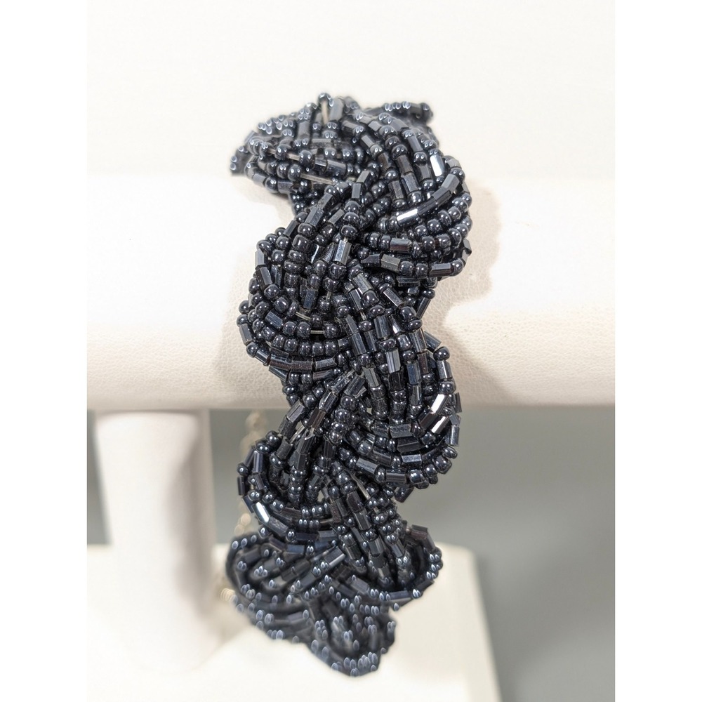 Gray Beaded Braided Wide Statement Bracelet Gothic Whimsigoth 8-10 in